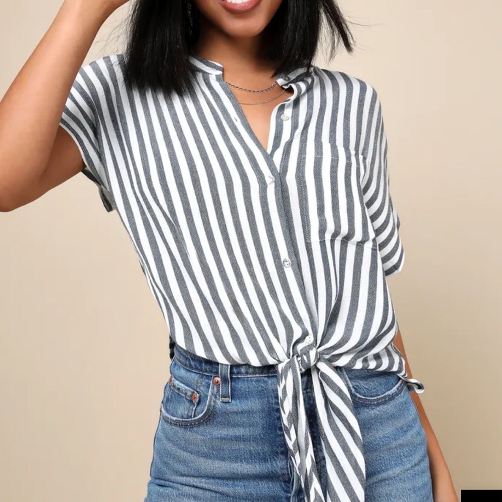 Lulus Newport Beach Grey and White Striped Top